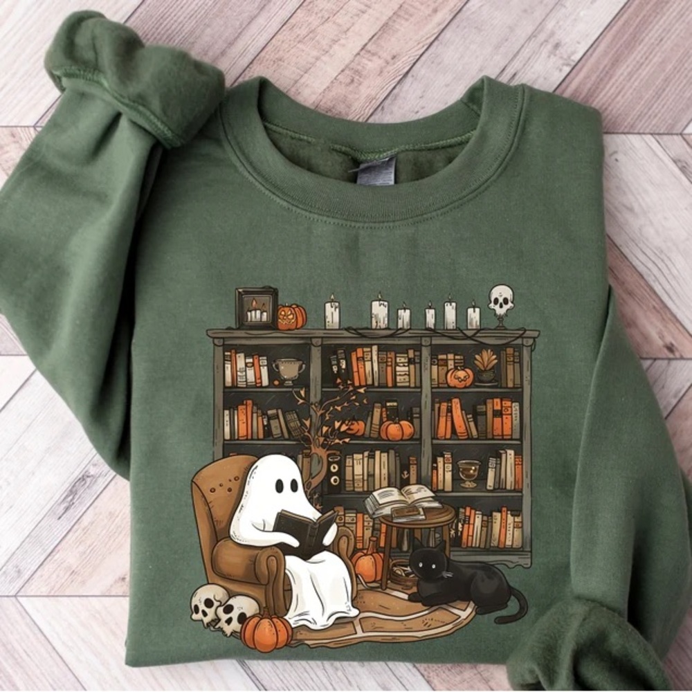 Retro Ghost Reading Books, Librarian Ghost Halloween Sweatshirt